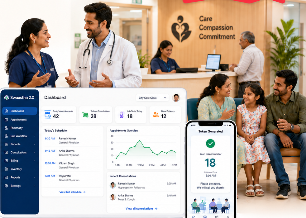 Doctors, clinic reception, patient family and Swaastha dashboard interface